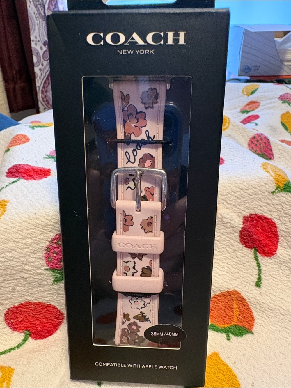 Coach Pink Floral Apple Watch Strap with Silver Buckle